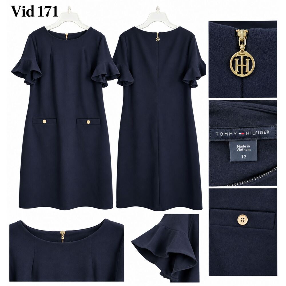 Tommy Hilfiger Navy Blue Ruffle Flutter Sleeve Shift Dress Gold Accents Size 12